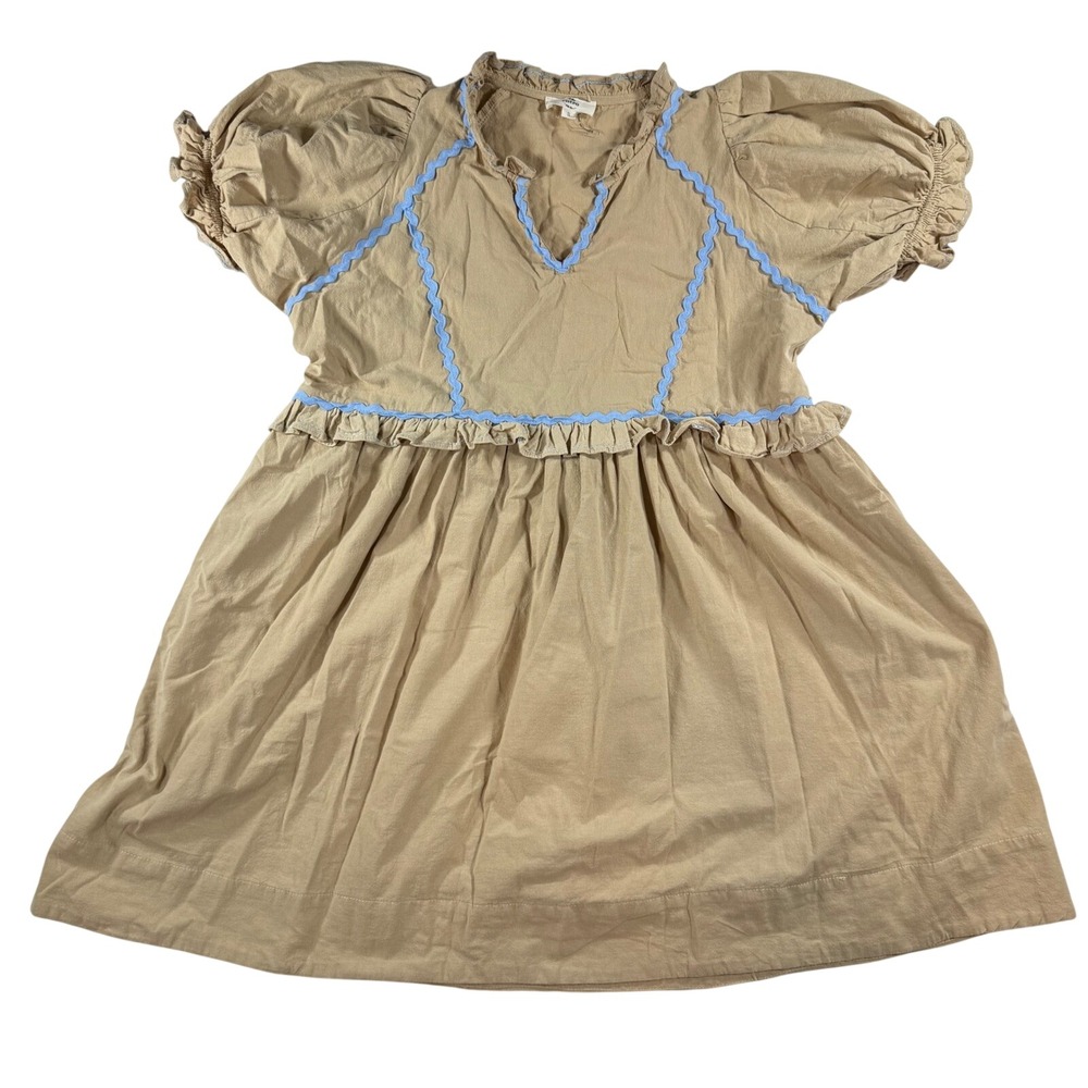 Entro Babydoll Dress Women Small Tan Blue Ric Rac Trim Cotton Cottagecore Boho